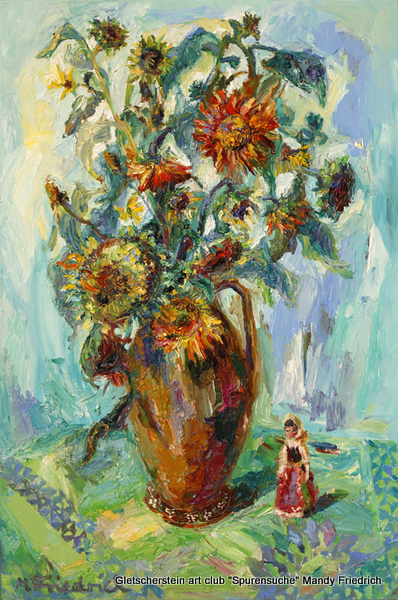 „Sonnenblumenvase und Dewuscka“	
Öl auf Leinen, 2017	
120 x 180cm